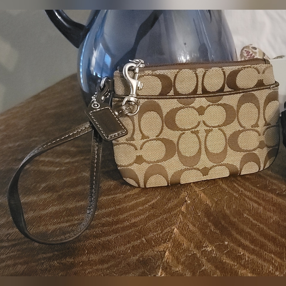 Coach Beige + Brown Wristlet Wallet Mini Purse